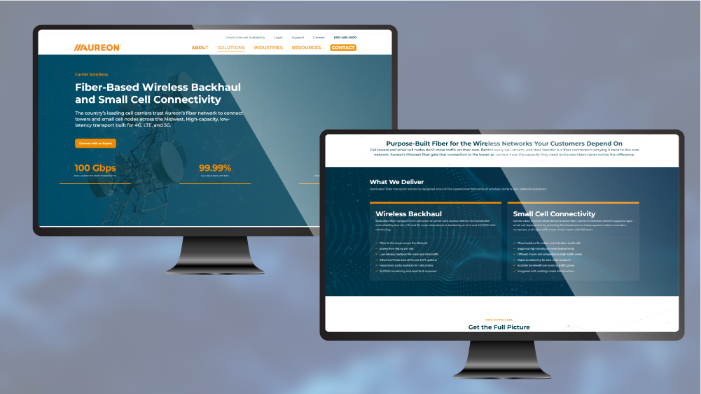 Aureon website interior pages on dual monitors